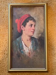 Oil On Panel, Young Man With Red Cap, Unsigned
